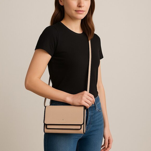 Kate Spade Powder-Pink Black Pebbled-Leather Flap Style Crossbody Bag NWOT - Picture 1 of 13